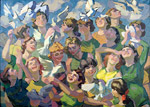 Piotr Firlej, Manifestacja pokojowa, ok. 1952, olej, płótno, 88x110 cm,  Muzeum Okręgowe w Toruniu